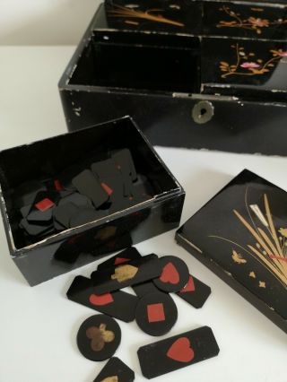 Chinese Laquered Box With Bamboo Laquered Chips Card Games Antique bridge game 2