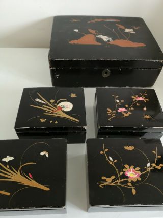 Chinese Laquered Box With Bamboo Laquered Chips Card Games Antique bridge game 5
