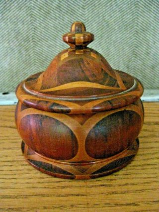 Rare Inlaid Wooden Marquetry Box Round Lid Geometric Four Checker Board Accents