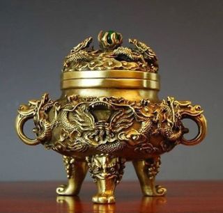 Collectible Chinese Brass Nine Dragons Kowloon incense burner 2