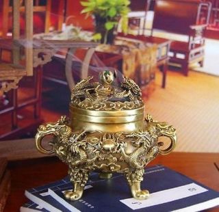 Collectible Chinese Brass Nine Dragons Kowloon incense burner 4