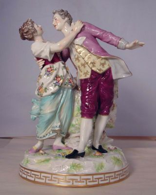 Large Continental German Dresden Porcelain Figure Group Courting Dancing Couple
