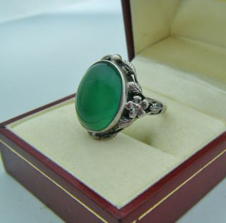 An Art Deco Era Silver Chrysoprase Or Green Agate Ring.  By: ? Bernard Instone.