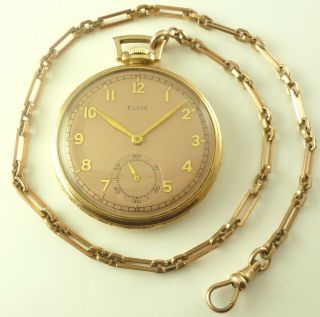 Antique 12 Size Elgin Pocket Watch Grade 546 - Rose Tone Case & Chain