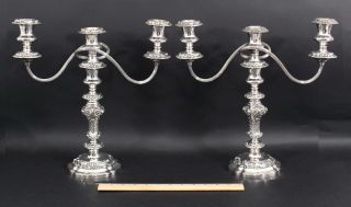 Pair Antique Ellis - Barker Sheffield Silverplate Candlestick Triple Candelabras