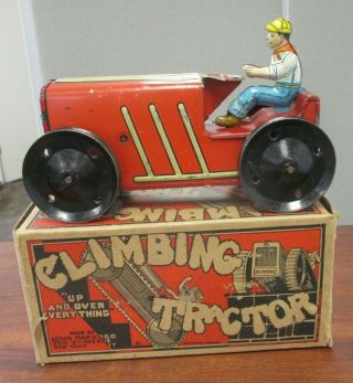 Vintage Marx Tin Litho Wind Up Climbing Tractor 2 W/orig Box Not