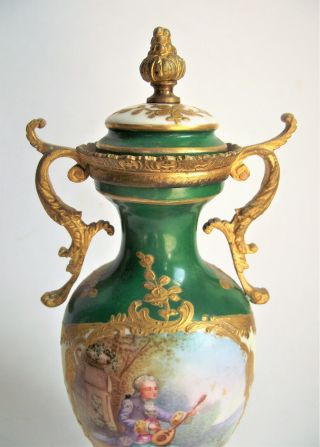 Antique FRENCH Sevres Style PORCELAIN URN VASE Hand PAINTED SCENE Bronze Ormolu 4