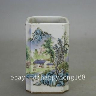 Chinese Old Porcelain Famille Rose Glaze Landscape Pattern Quartet Brush Pot C01