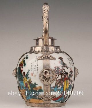 Valuable Tibetan Silver Porcelain Teapot Kettle Old Belle Sacred Dragon C01