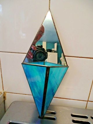 Art Deco Turquoise Leaded Glass Mirror Back Wall Pocket