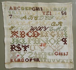 C.  1900 Lovely Antique Dutch Woolwork Sampler Alphabets Letters