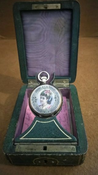 Antique Elgin Ladies Hunter Pocket Watch Hand Painted With Box