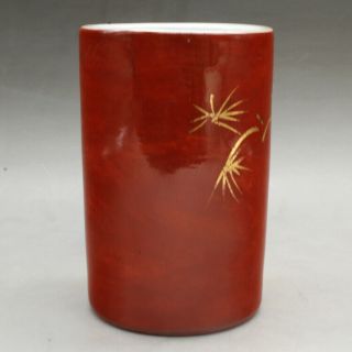 Chinese Old Hand - Carved Red Glaze Porcelain Brush Pot C02