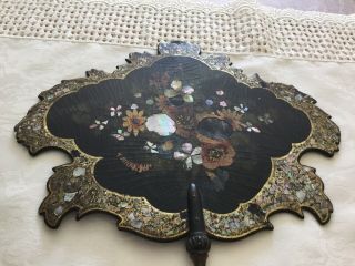 Vintage Face Screen Victorian Hand Fan Painted Paper Mache Inlaid 1870s