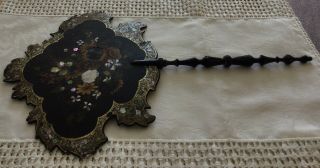 Vintage Face Screen Victorian Hand Fan Painted Paper Mache Inlaid 1870s 2