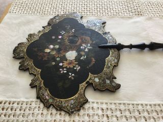 Vintage Face Screen Victorian Hand Fan Painted Paper Mache Inlaid 1870s 3