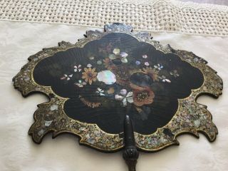 Vintage Face Screen Victorian Hand Fan Painted Paper Mache Inlaid 1870s 4