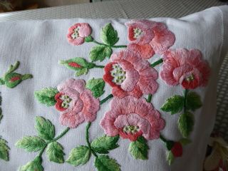 Vintage Hand Embroidered Cushion Cover/ Pyjama Case - Stunning Pink Roses
