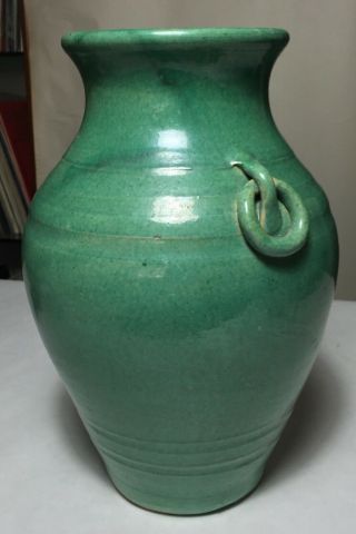 Vtg Arts & Crafts Vase North Carolina/NC Cole era Ring Handled Art Pottery Green 3