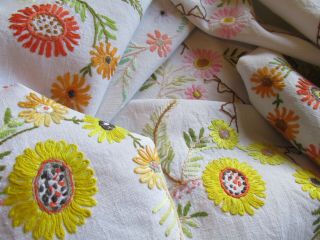 Vintage Hand Embroidered Linen Tablecloth 50 " X47 " - Floral 