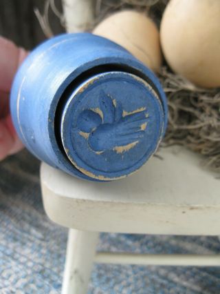 Antique Wood Butter Pat Press Blue Milk Paint Bluebird Imprint 2