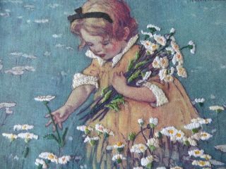 VINTAGE HAND EMBROIDERED PICTURE/ LITTLE GIRL IN DAISY FIELD/JESSIE WILCOX SMITH 2