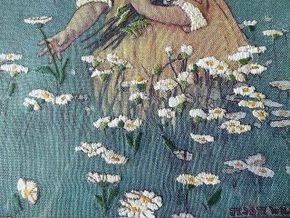 VINTAGE HAND EMBROIDERED PICTURE/ LITTLE GIRL IN DAISY FIELD/JESSIE WILCOX SMITH 3