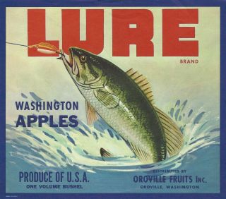 Rare Old 1957 Bass Litho " Lure Brand " Box Label Art Oroville Washington