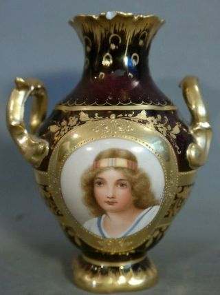 Ca.  1900 Antique Austrian Old Gilt Porcelain Old Lady Portrait Miniature Bud Vase