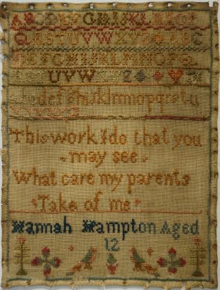 Small Mid/late 19th Century Alphabet & Verse Sampler By Hannah Hampton - C.  1860