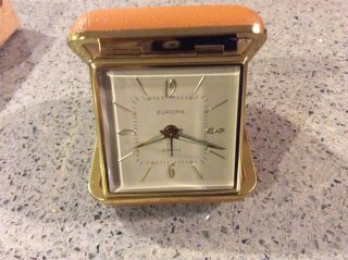 Vintage Europa Travel Alarm Clock In Tan Folding Case Germany 2 Jewel - Nib