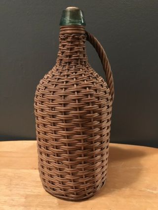 Vintage Wicker Covered Rattan Demijohn Green Handled Bottle Carboy