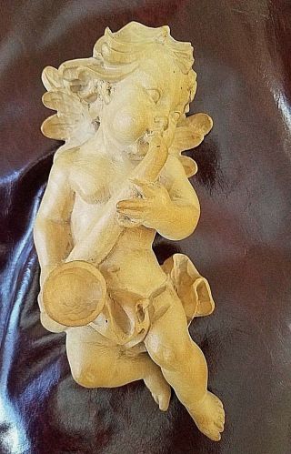 Hand Carved Wooden Wall Hanging Angel Cherub Putti Putto Playing The Saxophone