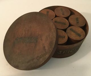 Vintage Primitive Spice Round Storage Box With 7 Small Wood Boxes Inside