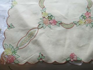 Vintage Hand Embroidered - Open Cut Work Irish Linen Tablecloth 2