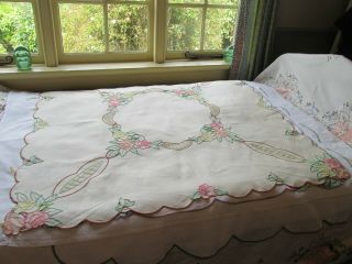 Vintage Hand Embroidered - Open Cut Work Irish Linen Tablecloth 5