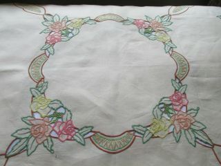 Vintage Hand Embroidered - Open Cut Work Irish Linen Tablecloth 8