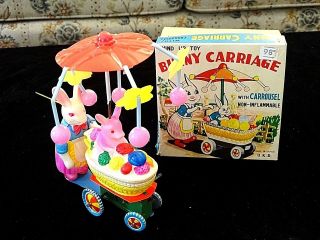 Rabbit Bunny Carriage Vintage Made In Japan Tin Mechanical Wind - Up Toy