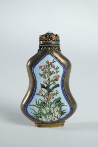 Antique Chinese Enameled Silver Snuff Bottle W Inset Gemstones,  45g