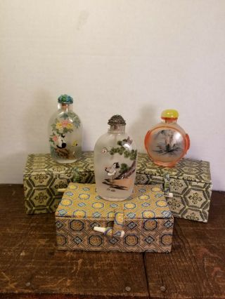Set Of 3 Antique Chinese Peking Scene Glass Reverse Painted Snuff Bottles