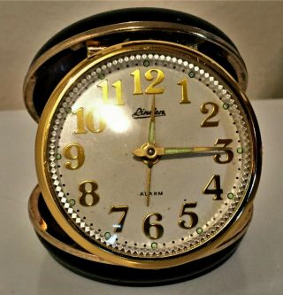 Vintage Linden Round Wind Up Travel Alarm Clock - - Black - - Made In Japan