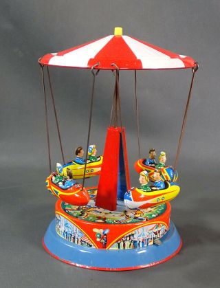 W.  Germany Blomer&Shuler Merry go Round Carousel Tin Toy Gondel Wild West Litho 2