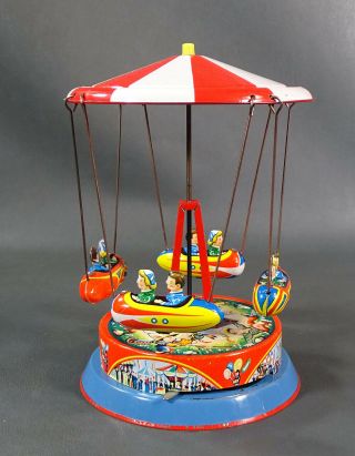 W.  Germany Blomer&Shuler Merry go Round Carousel Tin Toy Gondel Wild West Litho 3