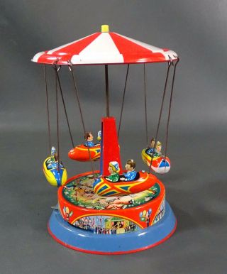 W.  Germany Blomer&Shuler Merry go Round Carousel Tin Toy Gondel Wild West Litho 4