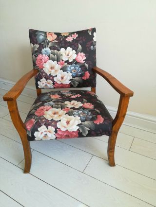 Retro Chair Floral Fabric Wooden Arms And Legs Vintage