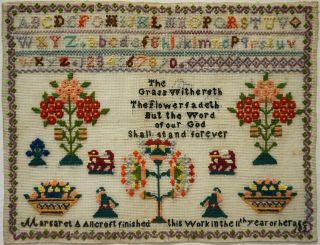 Late 19th Century Motif & Quotation Sampler By Margaret Allcroft Aged 10 - 1882