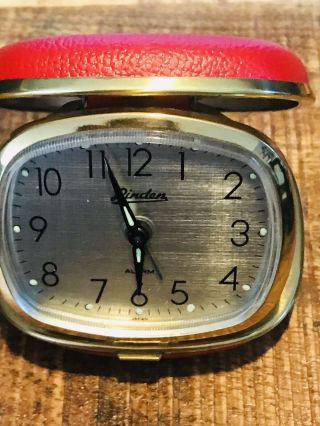 Vtg Linden Windup Travel Alarm Clock Hard Red Leather Case Antique