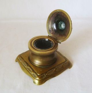 Antique Victorian Brass Desk Inkwell With Glass Liner: 9 Cm Square