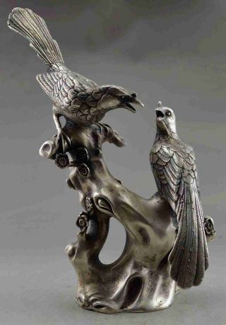 China Old Copper Plating Silver Statue The Magpies Plum Blossom E02