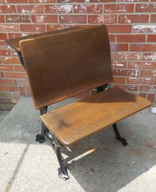 Antique Child ' s School Desk Oak Wood & Black Cast Iron 1920 ' s 3 Columbia 2